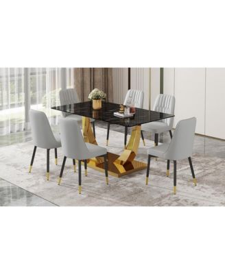 Table and chair set.Modern rectangular dining table with black textured stickers glass tabletop and gold plated metal legs.Paired with 6 comfortable chairs with PU seats and black metal legs.