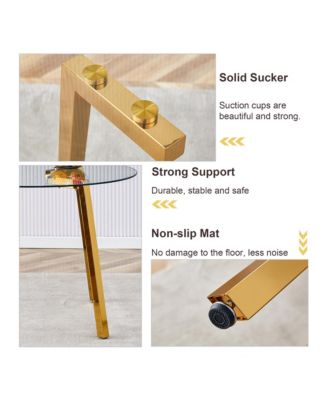 Table and chair set.A Modern Minimalist Style Round Clear Tempered Glass Table with Metal Legs.Paired with white chairs with Modern PU Leather High Back Upholstered and C-Tube Golden Legs.