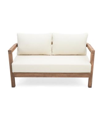 2 - Person Outdoor Acacia Wood Patio Seating Group With Cushions And Coffee Table For Porch, Garden, Backyard, Balcony, Brown Wash, Beige Cushion