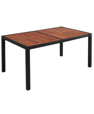 7-Piece Outdoor Patio Dining Set, Garden PE Rattan Wicker Dining Table and Chairs Set, Acacia Wood Tabletop, Stackable Armrest Chairs with Cushions, Reddish-brown