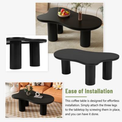 44" x 25.9" Easy Assembly Cloud Coffee Table with 1.5" Thick Tabletop, Cream Style Irregular End Table with 3 Sturdy Legs, Sleek Center Table with Round Edge for Living Room, Black