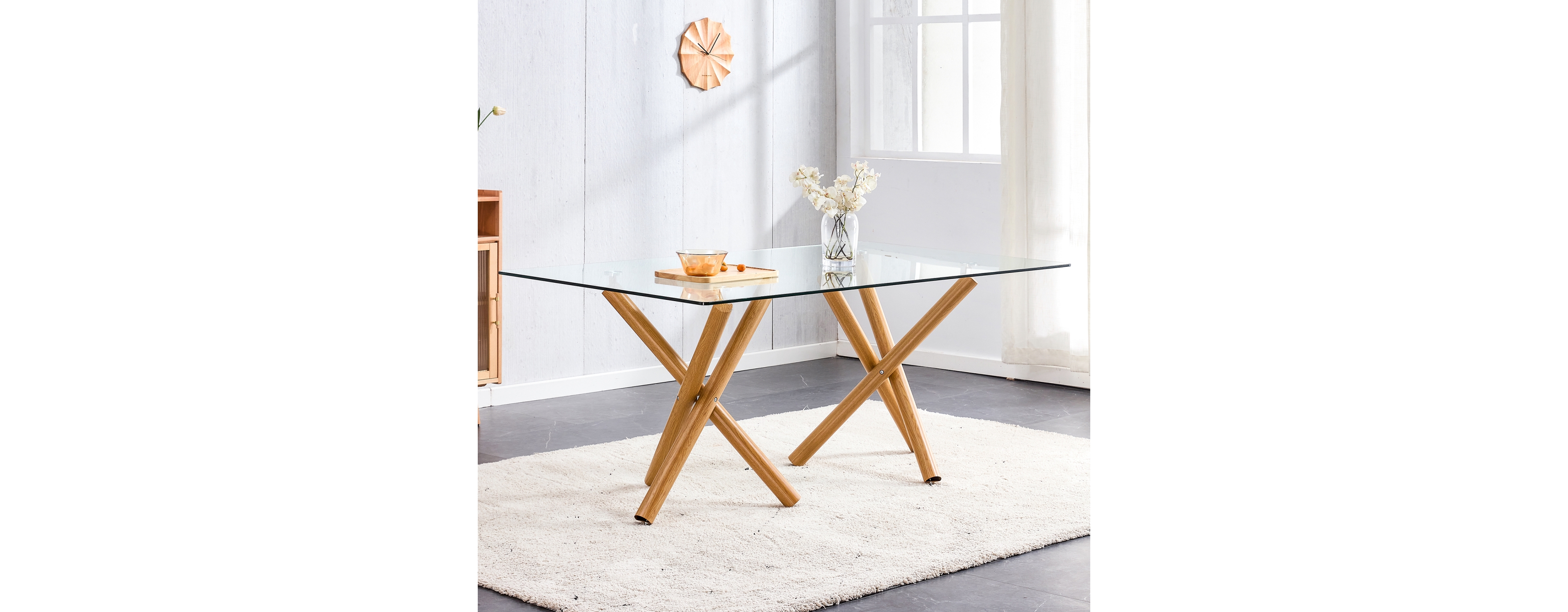 Simplie Fun Large Modern Minimalist Rectangular Glass Dining Table for 6-8 with 0.39" Tempered Glass Tabletop and Wood Color Metal Legs, for Kitchen D