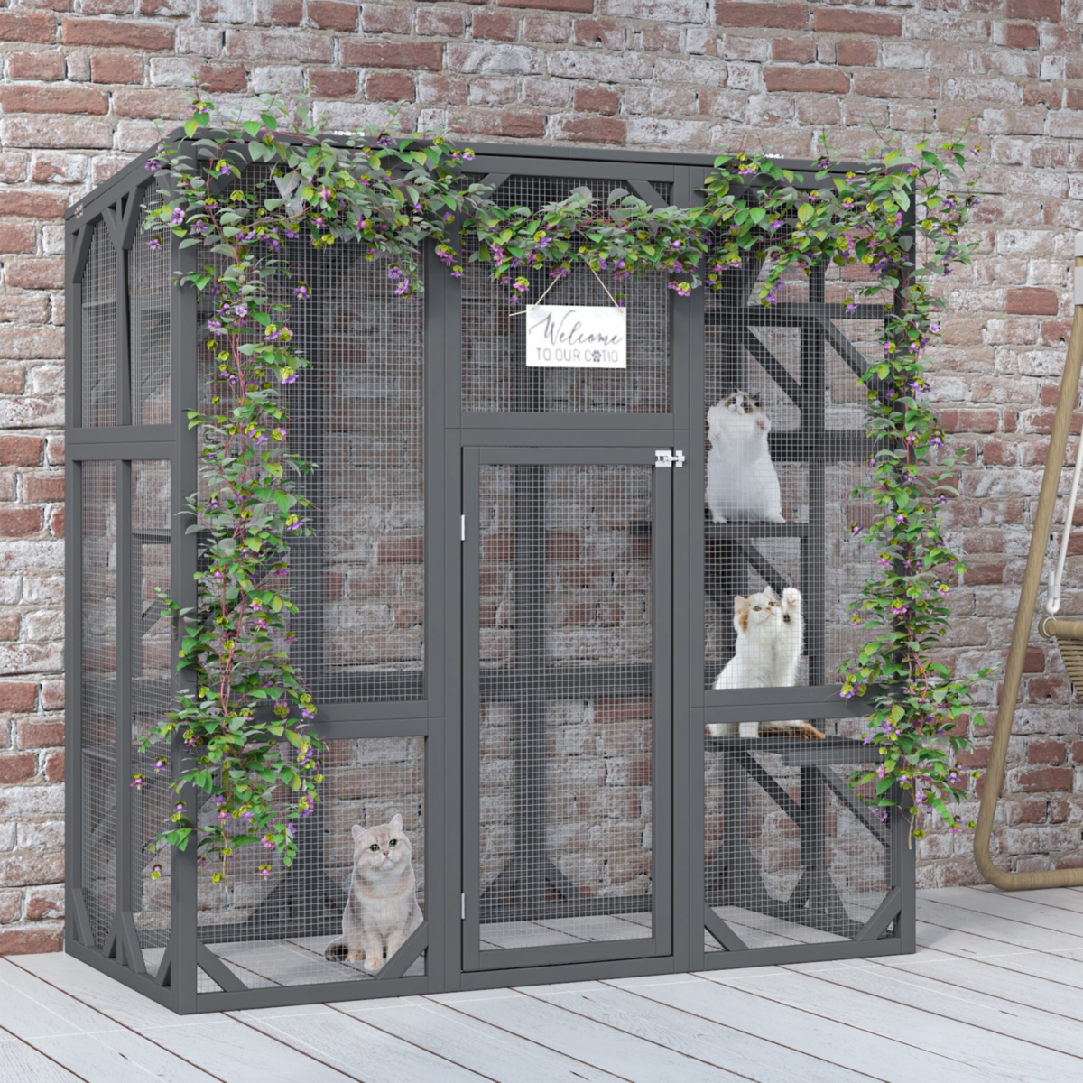 Streamdale Furniture Catio Outdoor Cat Enclosure Cat House Wooden Cat Cage Large Feral Cat Shelter for Mulitiple Cats with Six Platforms, Large Enter