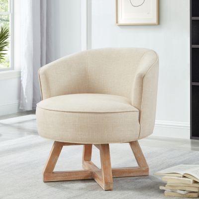 Streamdale Swivel Linen Lounge Chair, Solid Wood Base