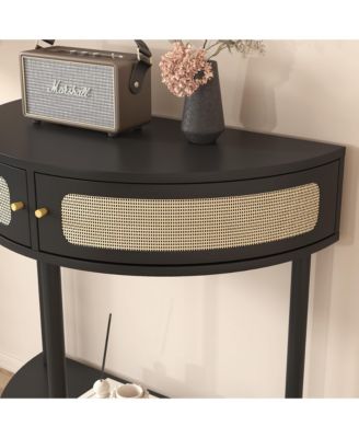 Semicircle Sofa Side Table with Rattan Storage