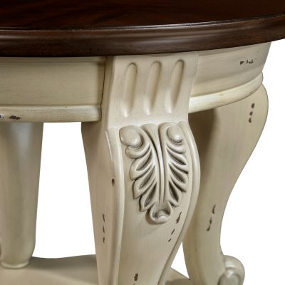 Two Tone Round End Table, Shelf, Beige/Espresso