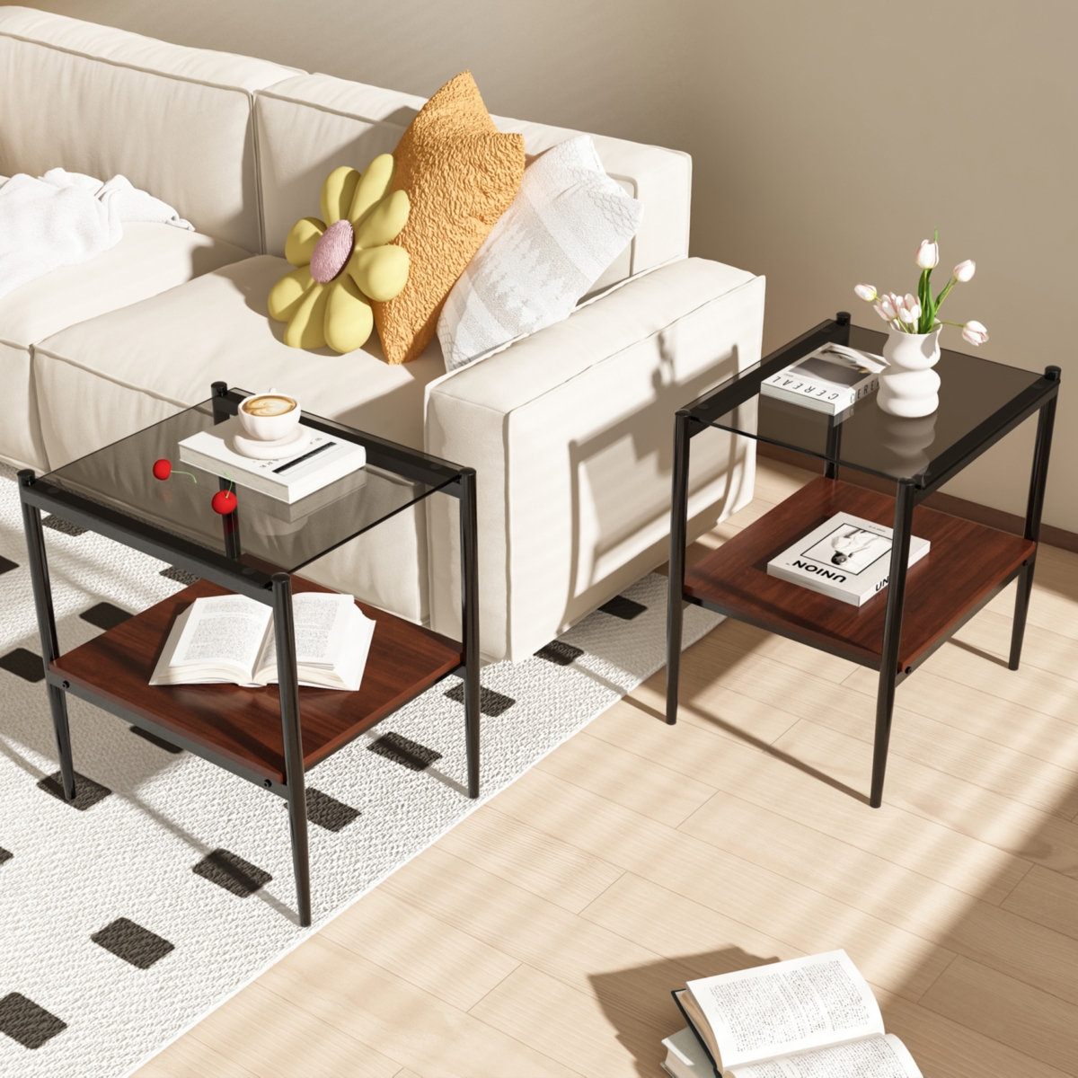 Streamdale Furniture Set of 2 Rectangle End Table, Tempered Glass Tabletop with Mdf layer, Modern Table for Living Room