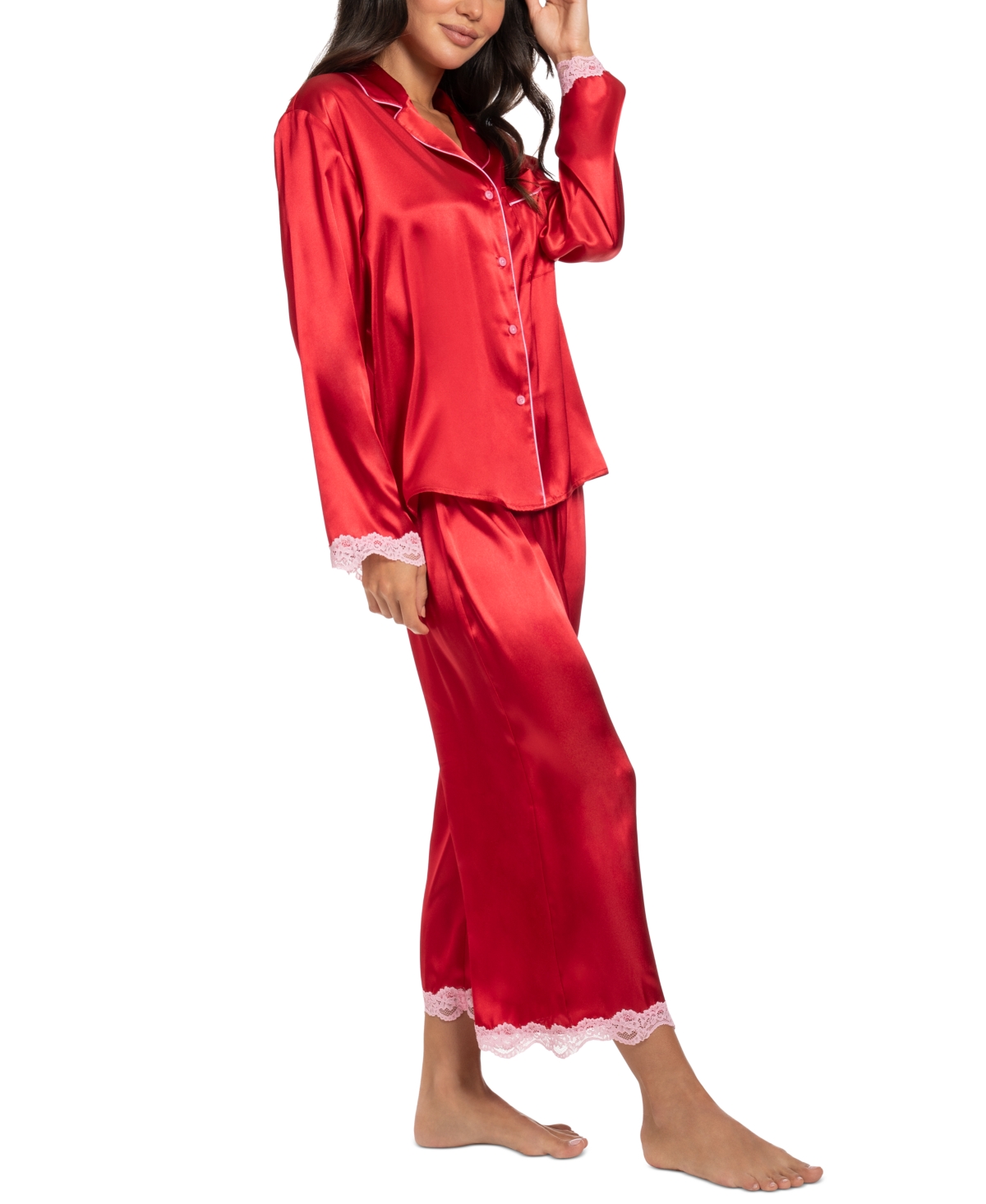 Women's 2Pc. Lace-Trm Long Pajama Set - Red