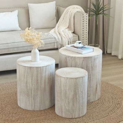 Set of 3 Whitewash Wood Coffee Table with clear and visible tree rings