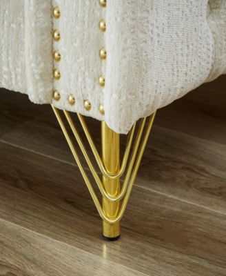 Chenille Pull Buckle Design Sofa for Living Room, Buttons Tufted With Copper Nail Decoration Armrest, Modern Couch Upholstered Button And Metal Legs