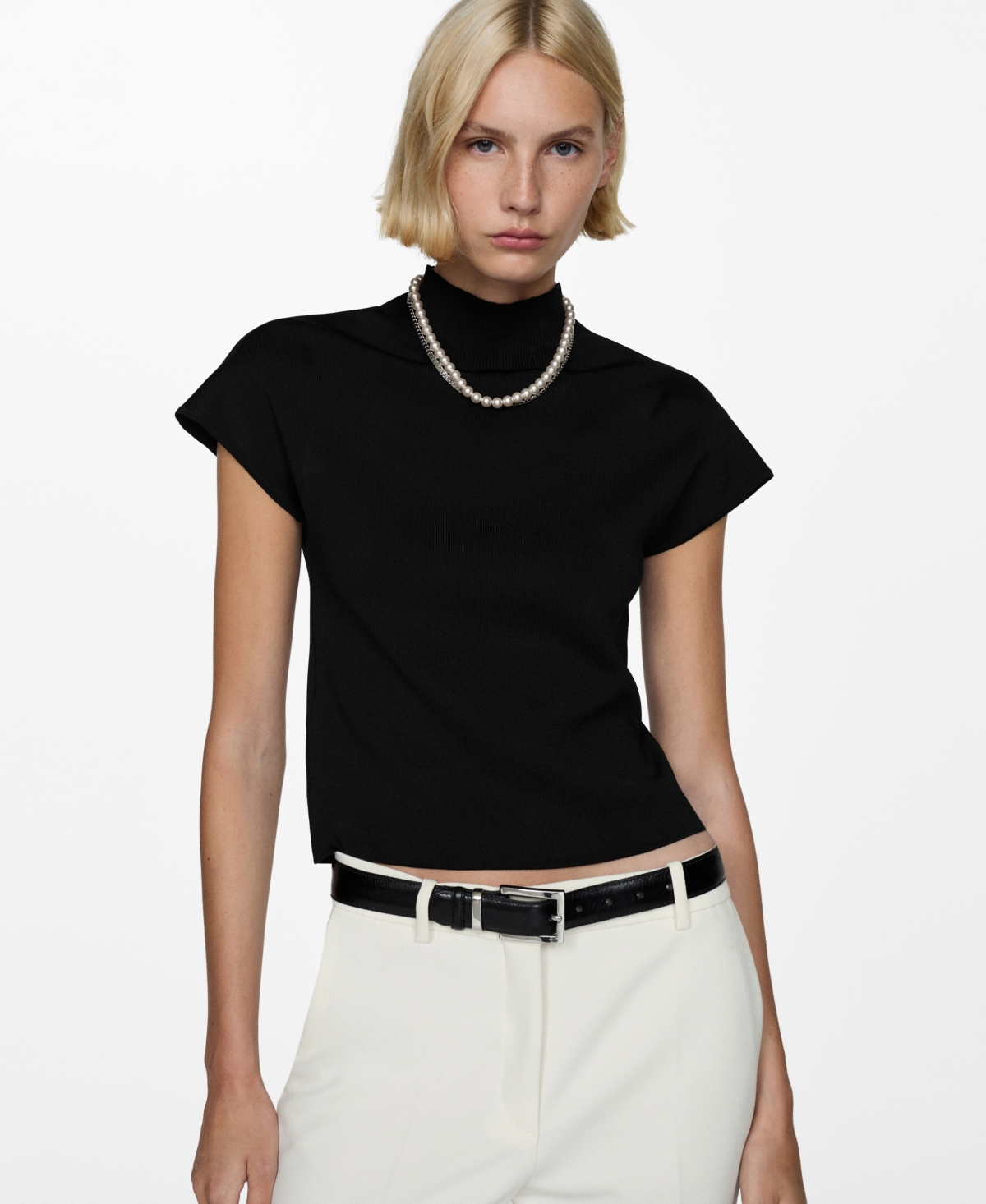 MANGO MANGO PERKINS MOCK NECK SHORT SLEEVE SWEATER 