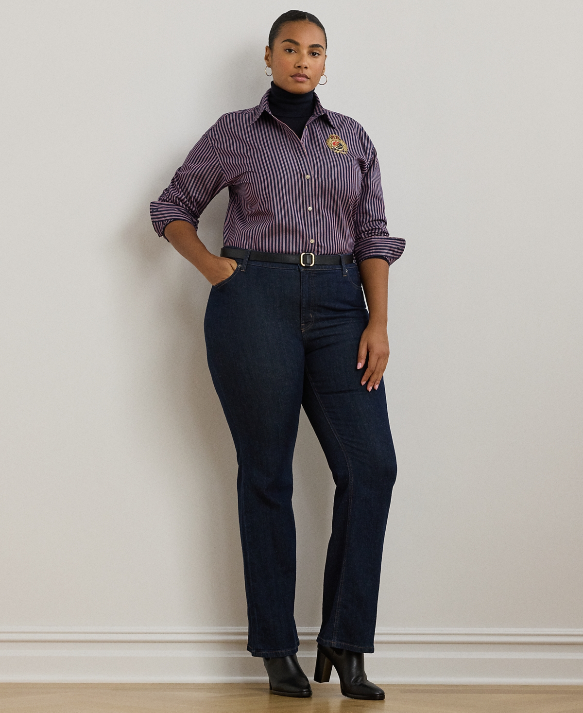 Lauren Ralph Lauren Plus Size Striped Beaded Crest Shirt