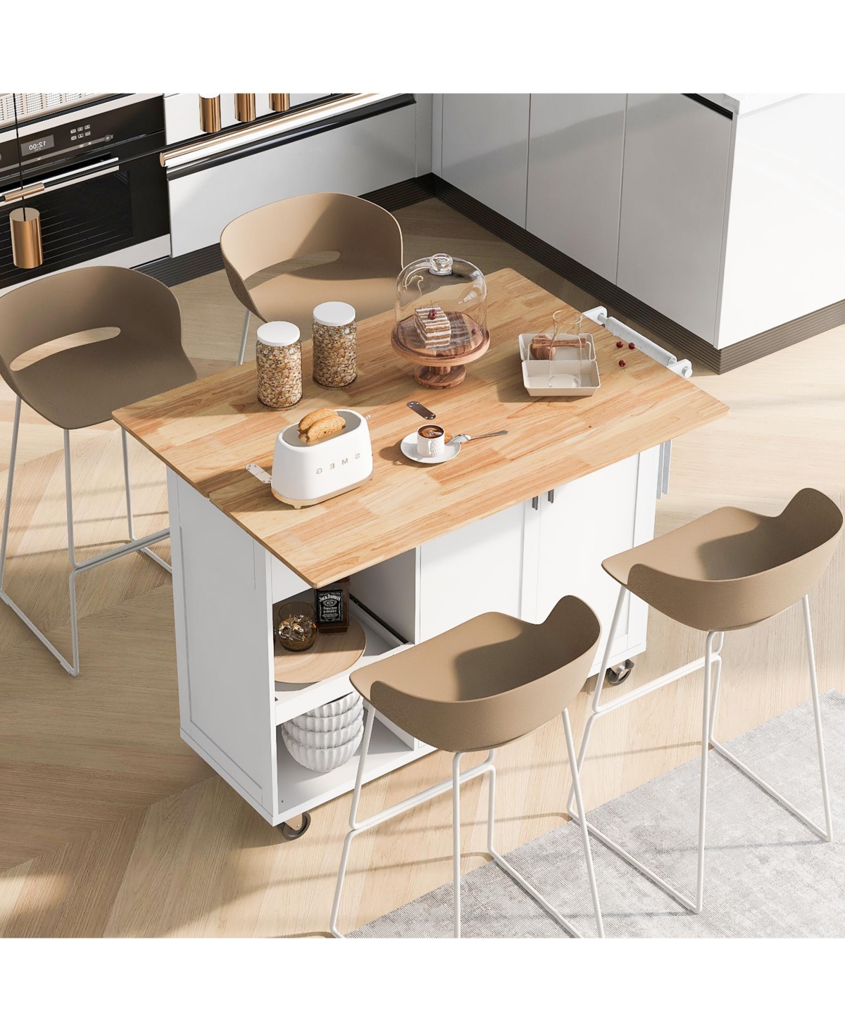 Simplie Fun Kitchen Island with Foldable Counter Top, Kitchen Storage Cart with Slide-Out Shelf, Towel Rack and Drawer, Rolling Kitchen Cart on Wheels