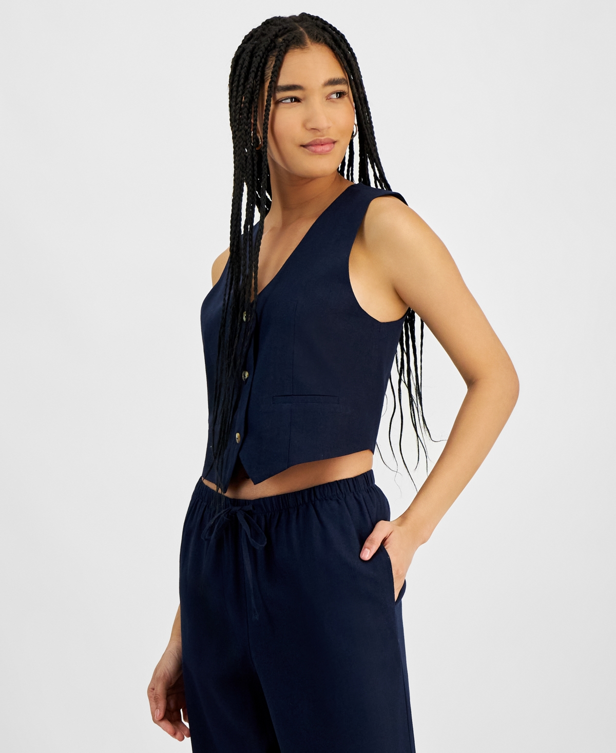 Juniors' Sleeveless Linen Vest - Warm Sand