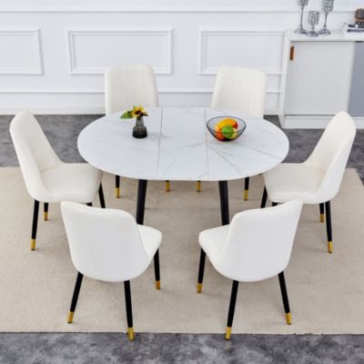 Table and chair set.Modern Extendable MDF Dining Table.The table has a telescopic design, suitable for gatherings of different size.Paired with 6 chairs with PU cushions and black metal legs.