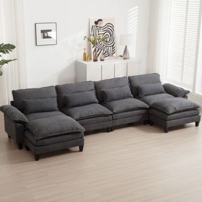 154.8" Oversized Modular Sofa, Ice Velvet Large U-Shaped Couch Comfy Upholstered 4-Seat Sofa with 2 Ottoman, 4 Lumbar Pillow, Deep Seat Couch for Living Room