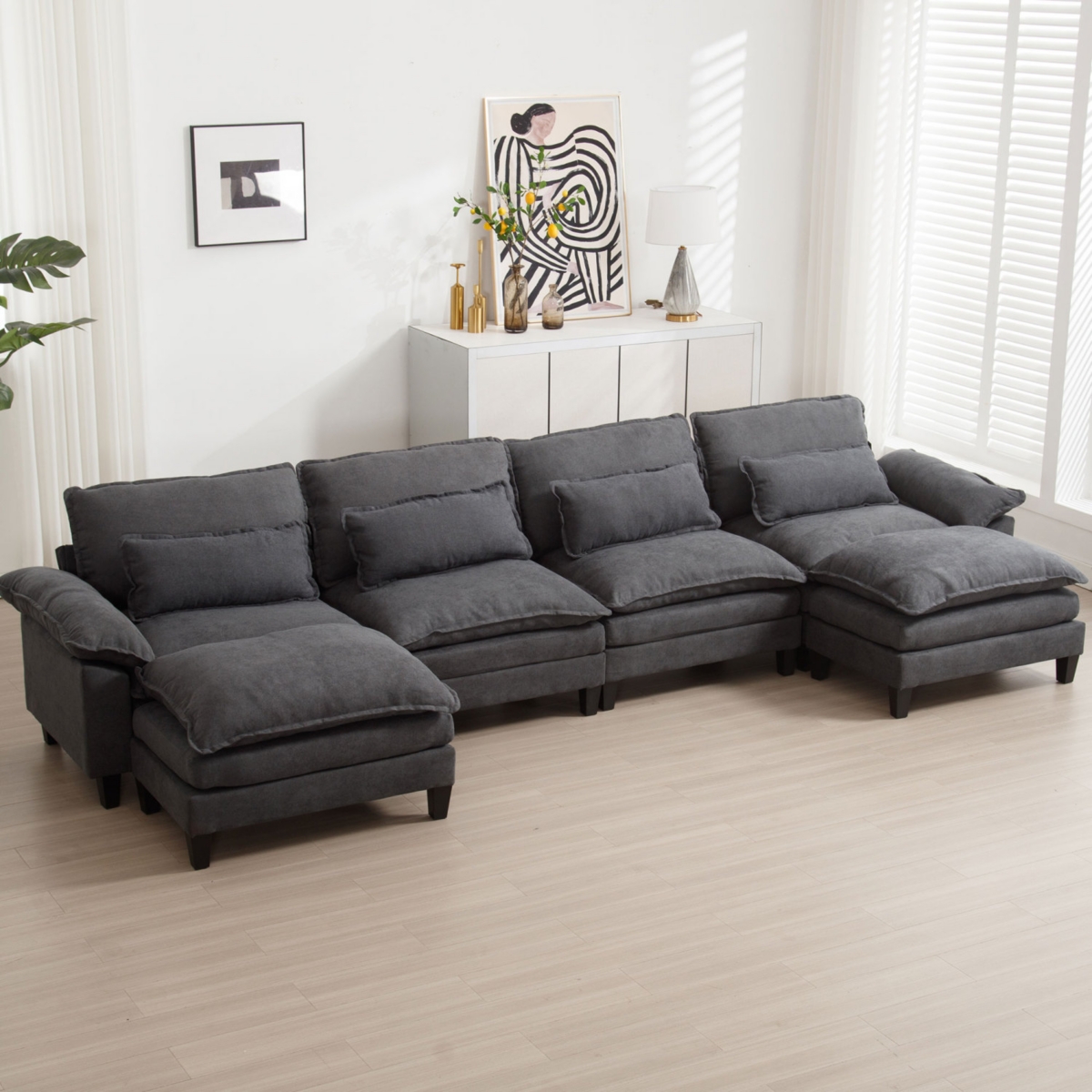 154.8" Oversized Modular Sofa, Ice Velvet Large U-Shaped Couch Comfy Upholstered 4-Seat Sofa with 2 Ottoman, 4 Lumbar Pillow, Deep Seat Couch for