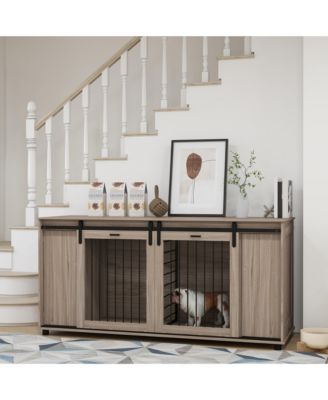 Dog Crate Furniture with Removable Divider for 2 Small Dogs or 1 Large Dog, 71" Modern Dog Kennel Furniture End Table with Storage, Double Doors, Walnut