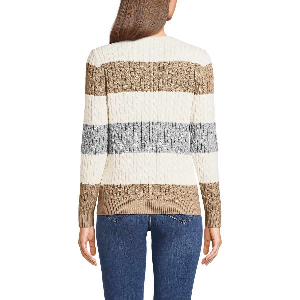 Lands' End Women's Drifter Cable Crew Neck Sweater -gray wide stripe