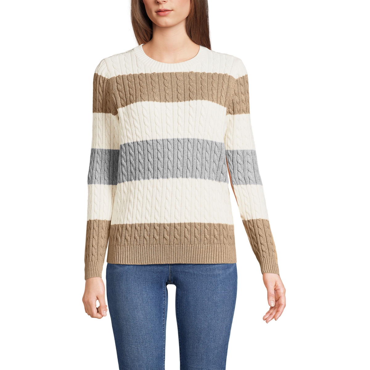 Lands' End Women's Drifter Cable Crew Neck Sweater -gray wide stripe