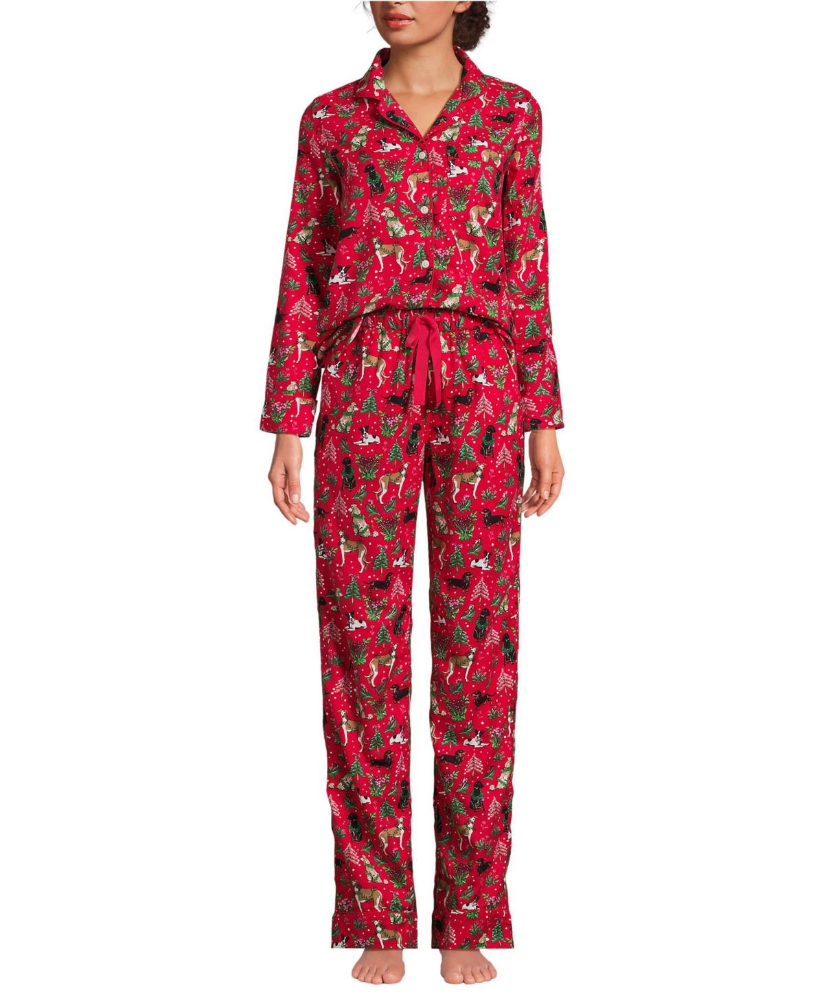 Lands' End Women's Drapey Flannel 4 Piece Pajama Set - Long Sleeve Top and Pants Robe and Bag
