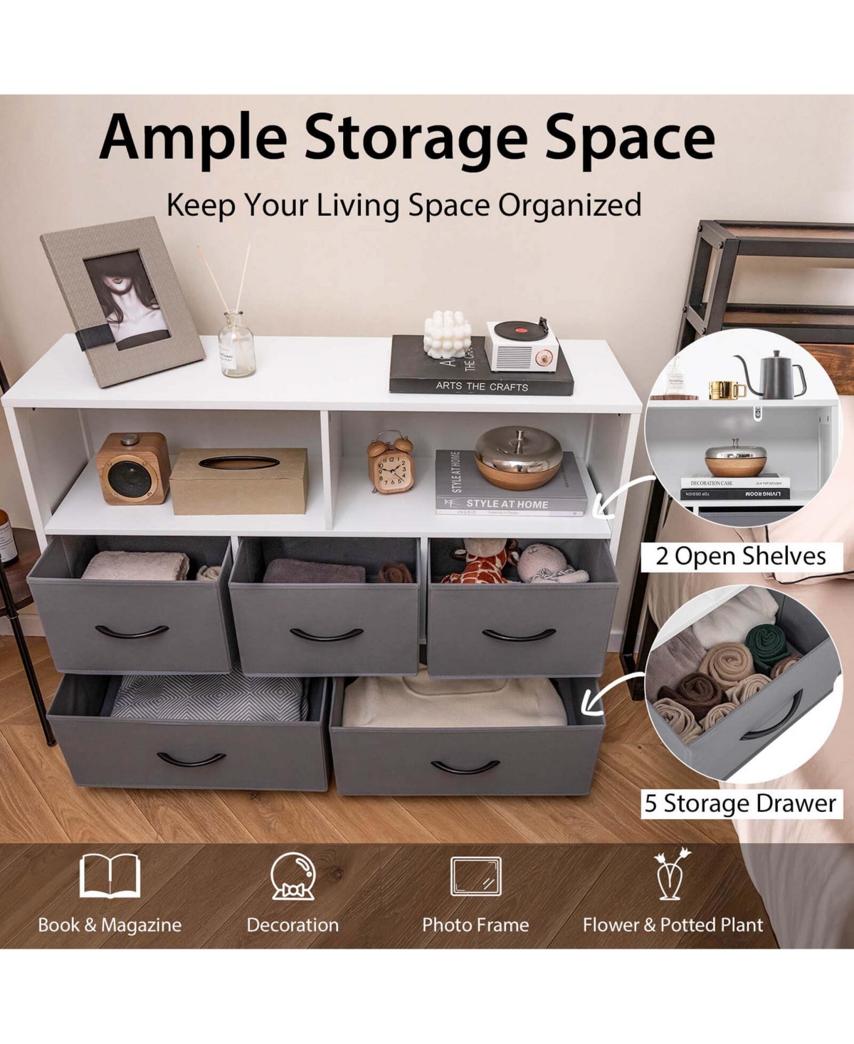 Costway 5-Drawer Dresser for Bedroom Chest of Drawers with 2 Large Fabric Bins