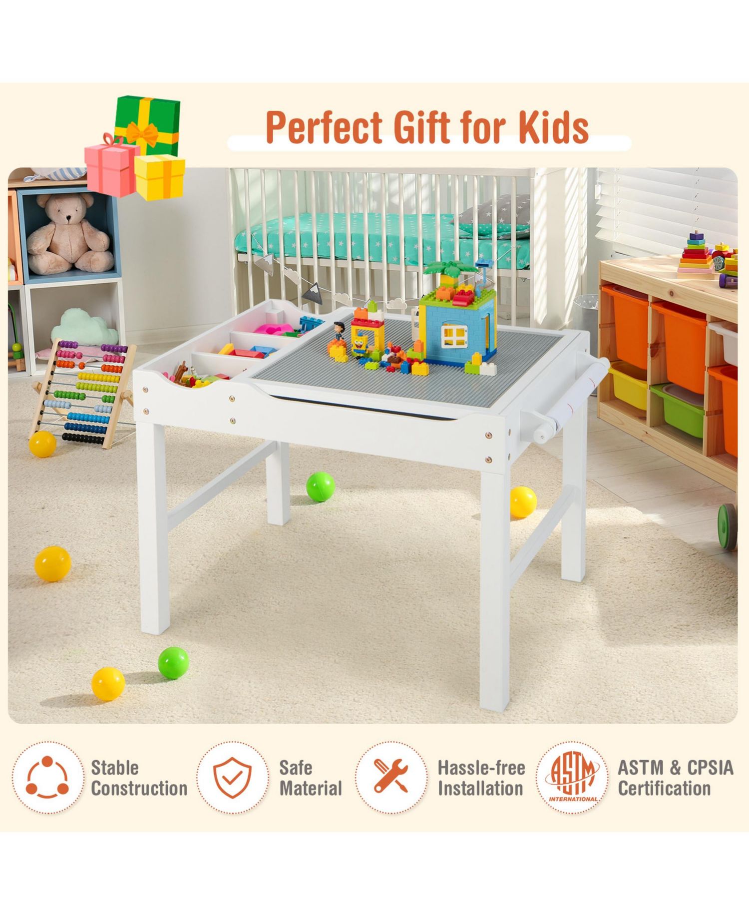 Kids Multi Activity Play Table Wooden Building Block Desk with Storage Paper Roll