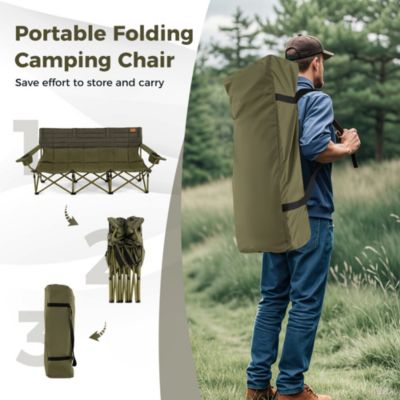 3 Person Folding Camping Chair Heavy-Duty Camp Couch with 2 Cup Holders Padding