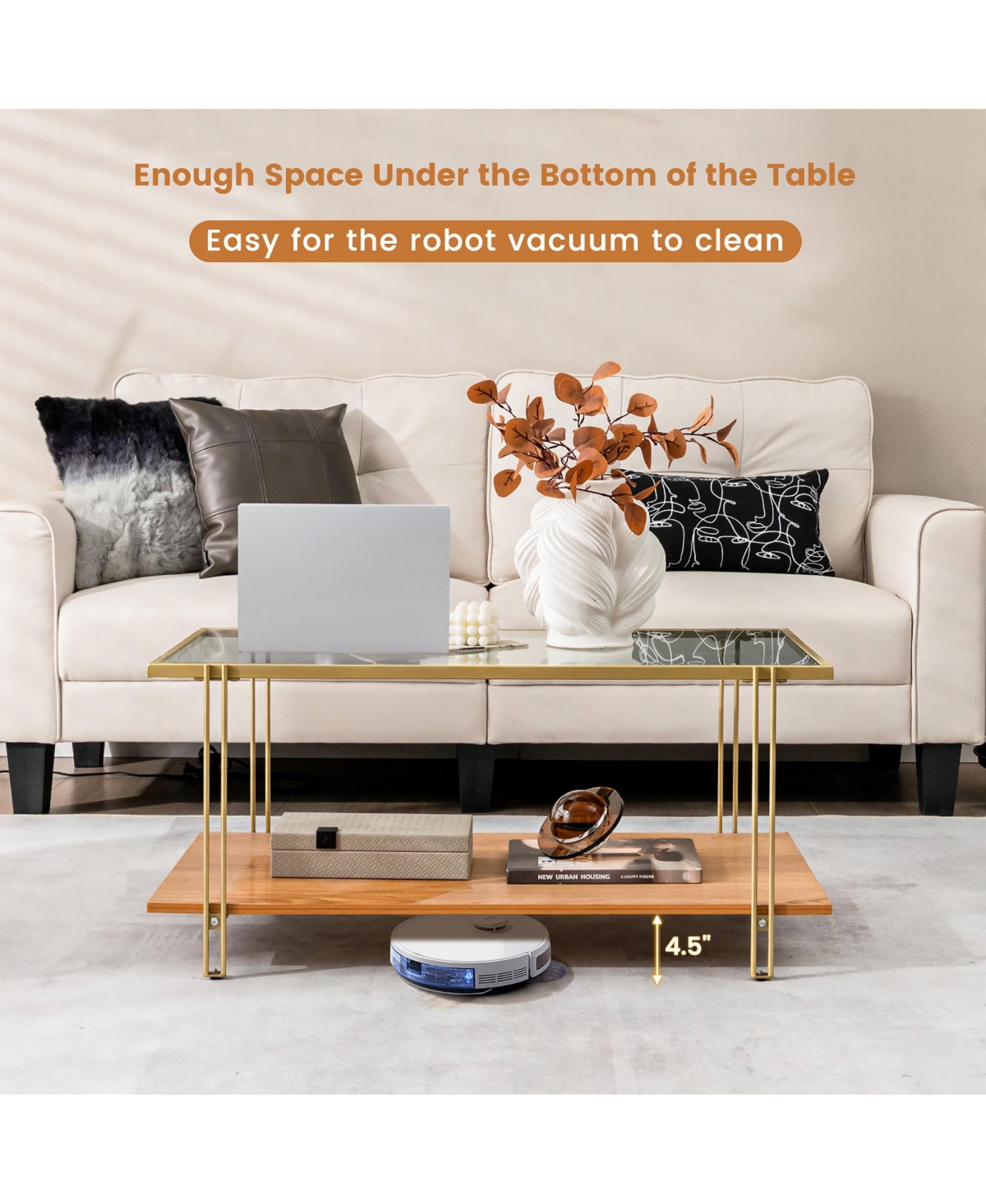 Gymax Coffee Table Rectangle Glass Top w/ Storage Shelf & Gold Steel Frame Living Room - Brown+gold
