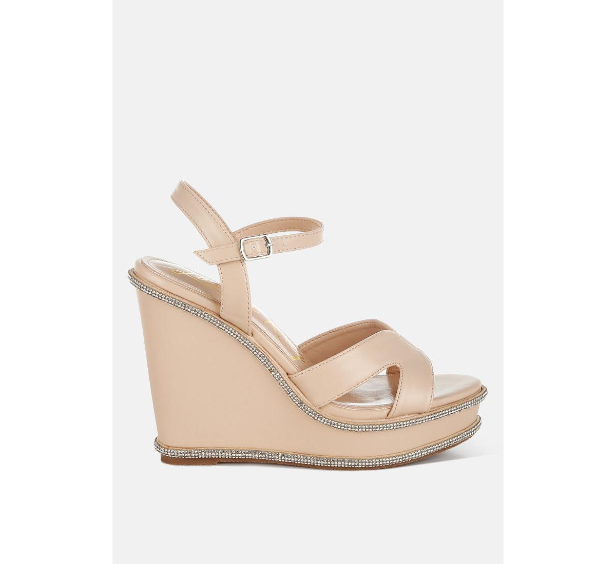 Regina Rhinestones Embellished Wedge Sandals - Beige