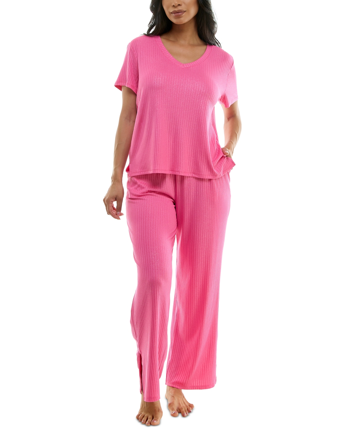 Women's Ribbed Glitter-Print Short-Sleeve Pajama Set - Dark Pink