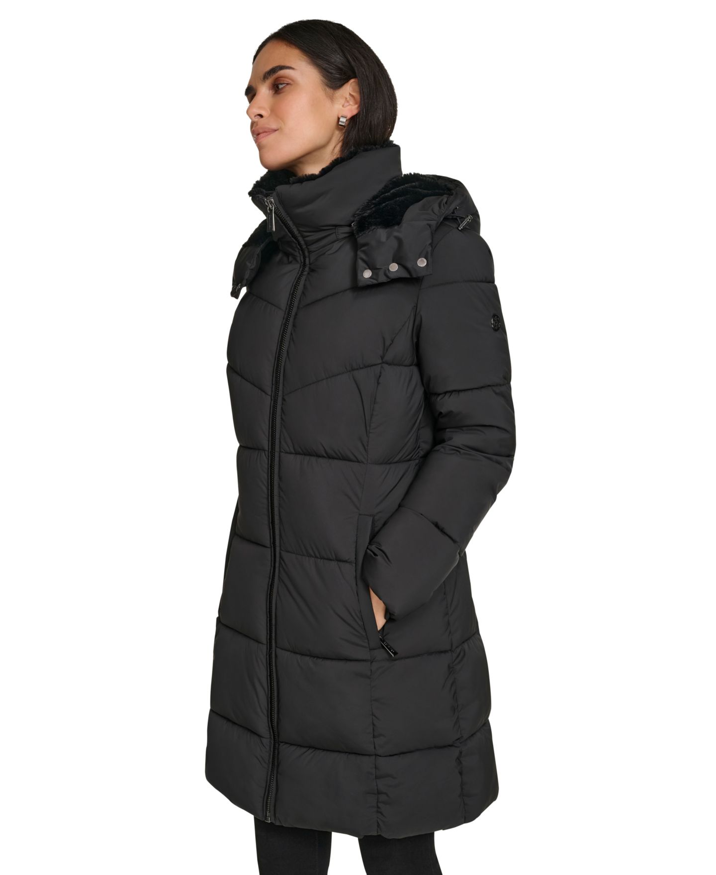 Женская куртка Calvin Klein Hooded Faux-Fur-Lined Midi Puffer, цвет: Чёрный — фото 3