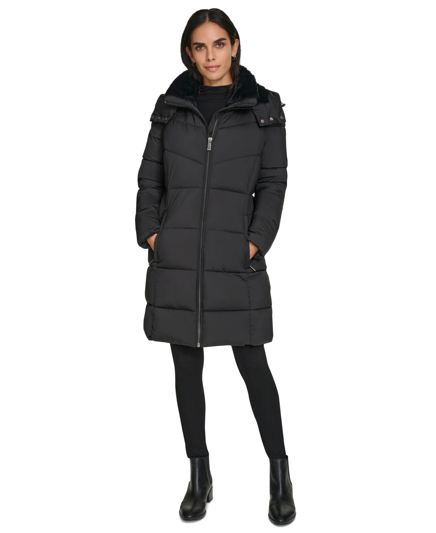 Женская куртка Calvin Klein Hooded Faux-Fur-Lined Midi Puffer, цвет: Чёрный — фото 7