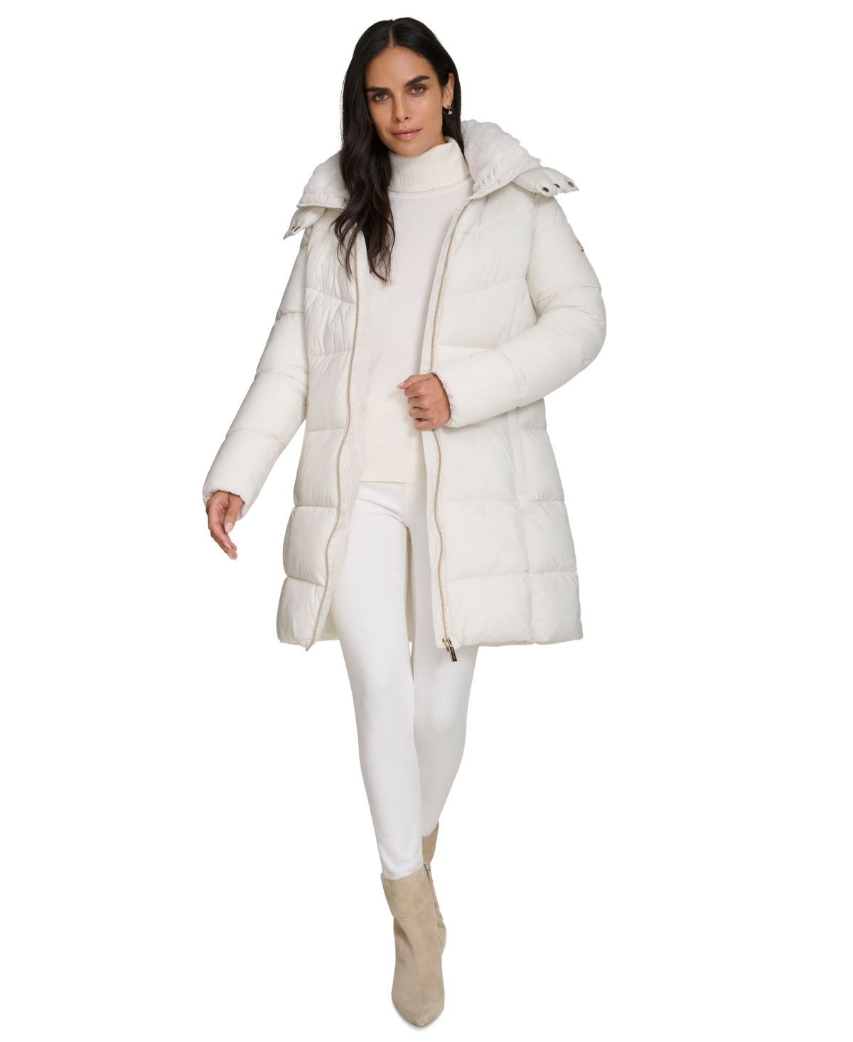 Calvin Klein Faux Shearling Lined Down Puffer Jacket In Eggshell