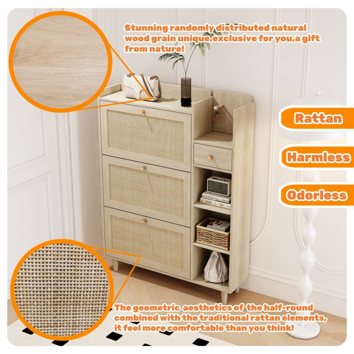 Streamdale Bohemian Shoe Cabinet with Rattan Drawers and Shelves