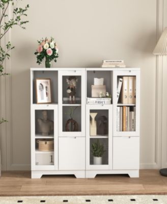 Wooden Floor Cabinet with 2 Glass Doors and 2 Storage Space, White, Living Room Bathroom Entryway White