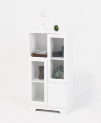 Wooden Floor Cabinet with 2 Glass Doors and 2 Storage Space, White, Living Room Bathroom Entryway White
