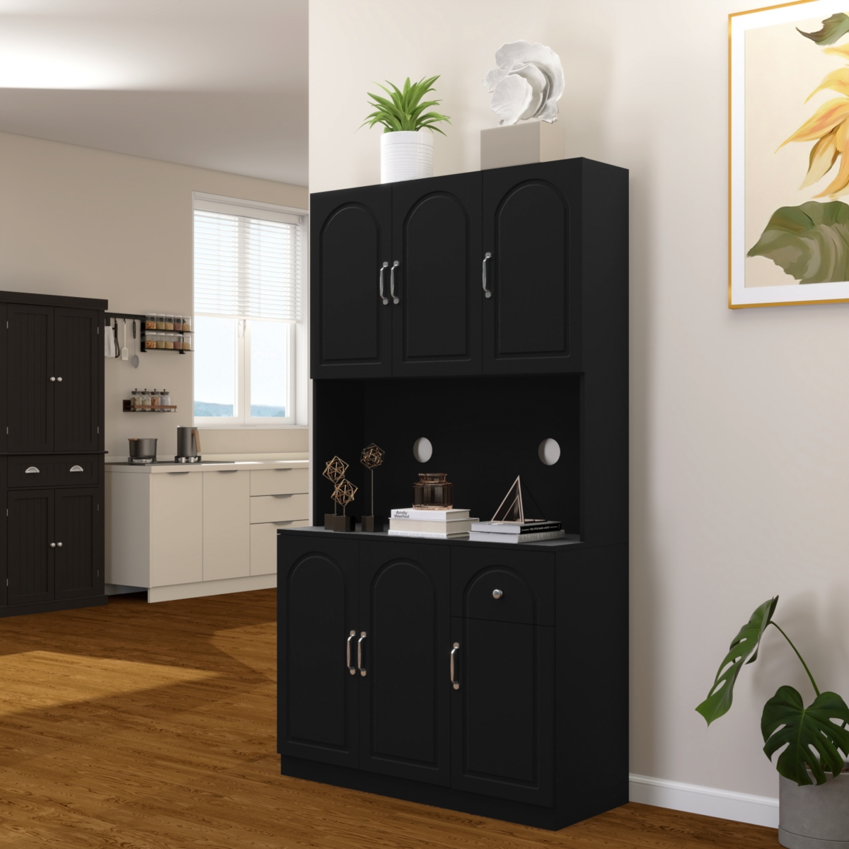 Simplie Fun 71" Kitchen Pantry Storage Cabinet with Microwave Oven Countertop, Freestanding Hutch Cabinet with Adjustable Shelves, 6 Doors and 1 Drawe