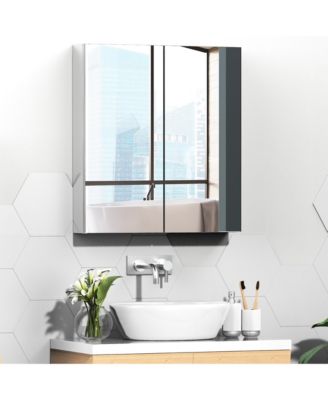 Bathroom Mirrored Cabinet, 24"x26" Stainless Steel Frame Medicine Cabinet, Wall-Mounted Storage Organizer with Double Doors, Silver