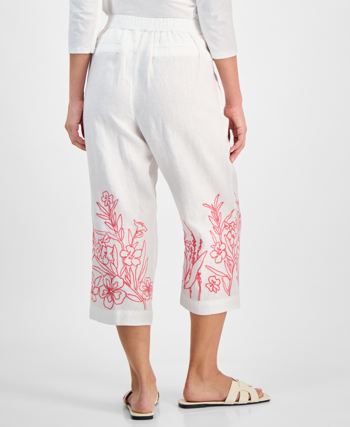 Charter Club Petite 100% Linen Embroidery Crop Pants, Exclusively At Macy's In Cmb Bright
