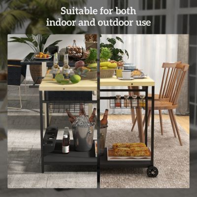 Outdoor Bar Cart, Patio Rolling Serving Cart with Wheels, Side Handle, 2 Baskets, 4 Wine Holders for Garden, Dining Room, Natural