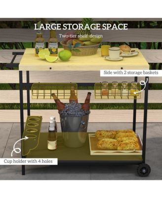 Outdoor Bar Cart, Patio Rolling Serving Cart with Wheels, Side Handle, 2 Baskets, 4 Wine Holders for Garden, Dining Room, Natural
