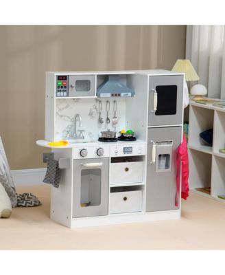 Play Kitchen Set for Kids, Kids Kitchen Playset with Lights Sounds, Apron and Chef Hat, Ice Maker, Microwave, Towel Rack, Utensils, Range Hood, Fun with Friends, for Ages 3-6 Years, White