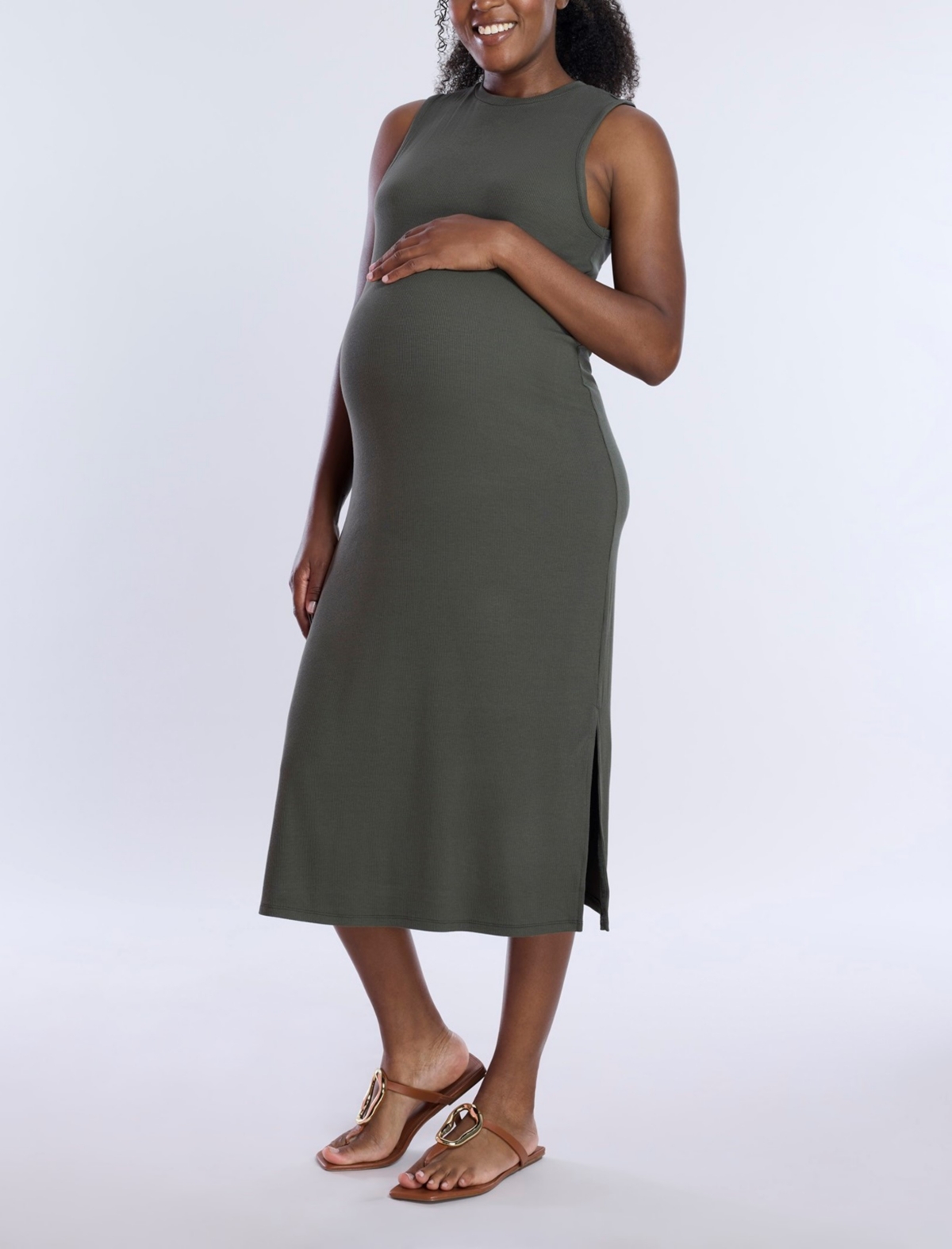 Maternity Crew Neck Rib Knit Sleeveless Midi Dress - Motherhood - Cyclamen