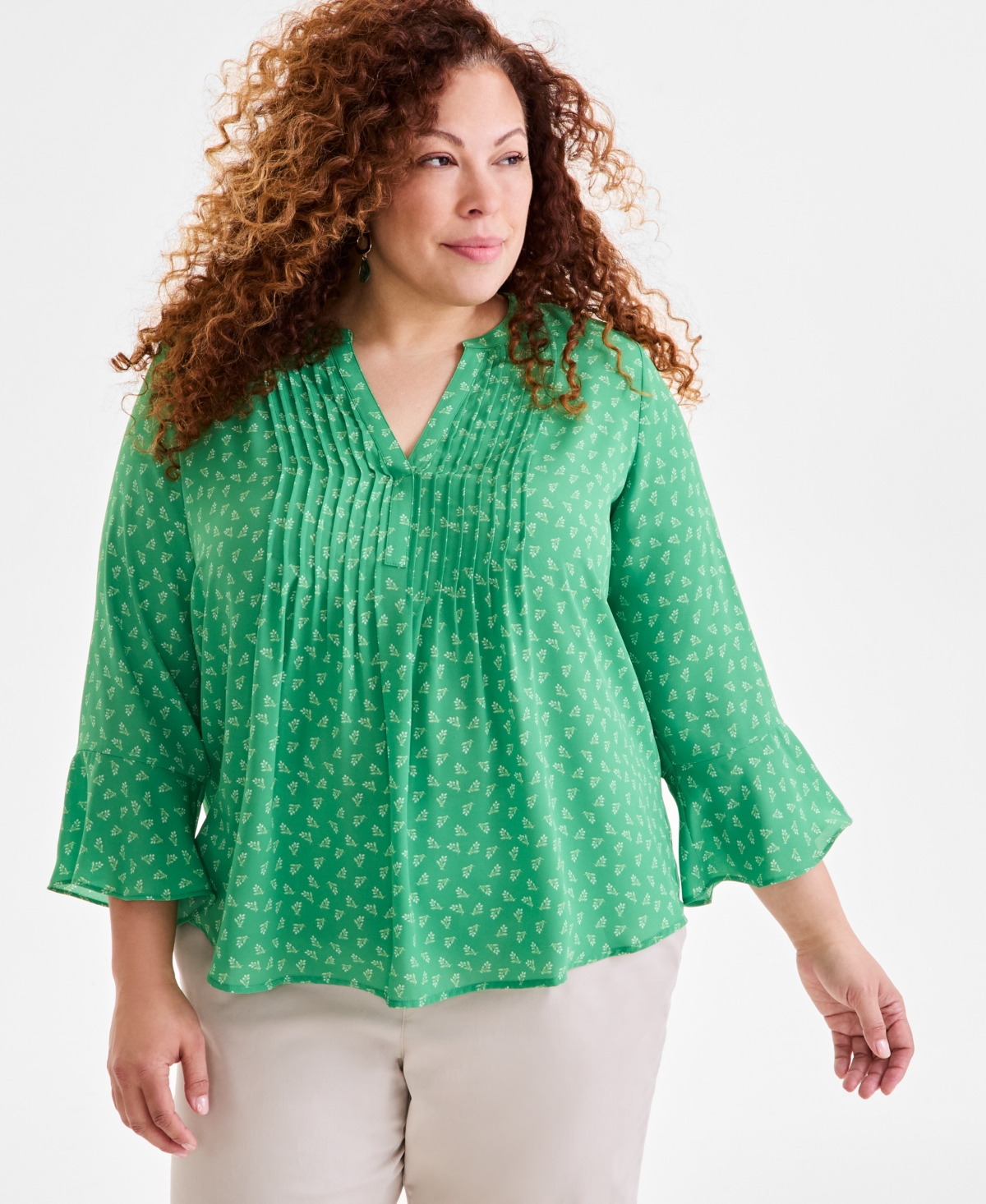 Plus Size Printed Pintuck Blouse, Exclusively at Macy's - Floral Hampton