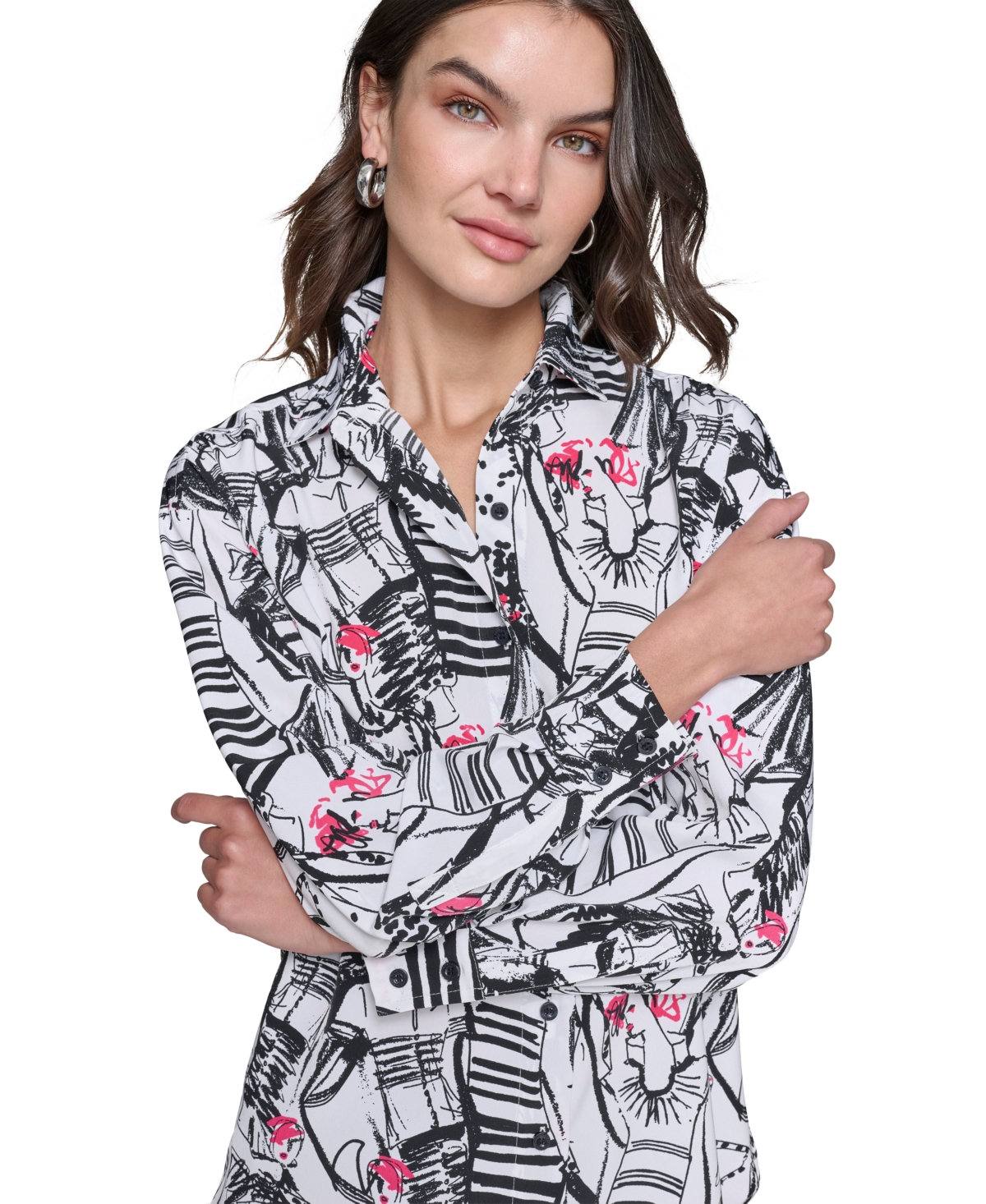 Shop Karl Lagerfeld Petite Printed Long-sleeve Shirt In Soft White  Teaberry