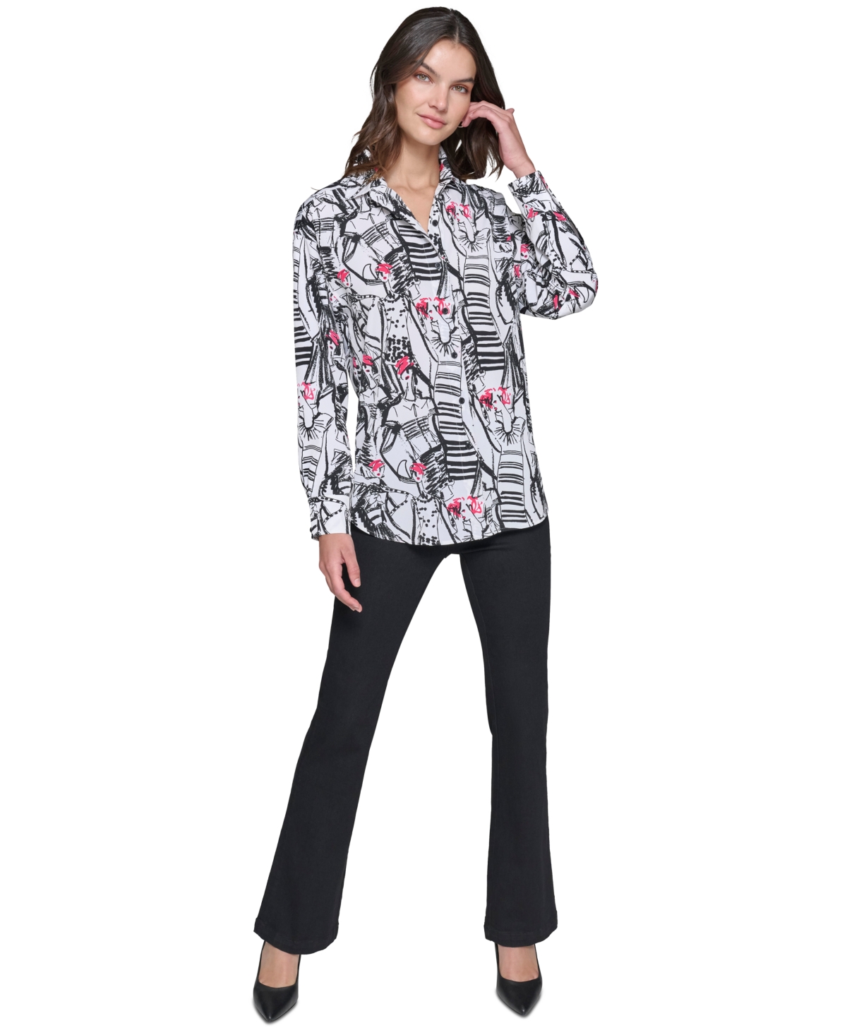 KARL LAGERFELD PETITE PRINTED LONG-SLEEVE SHIRT 