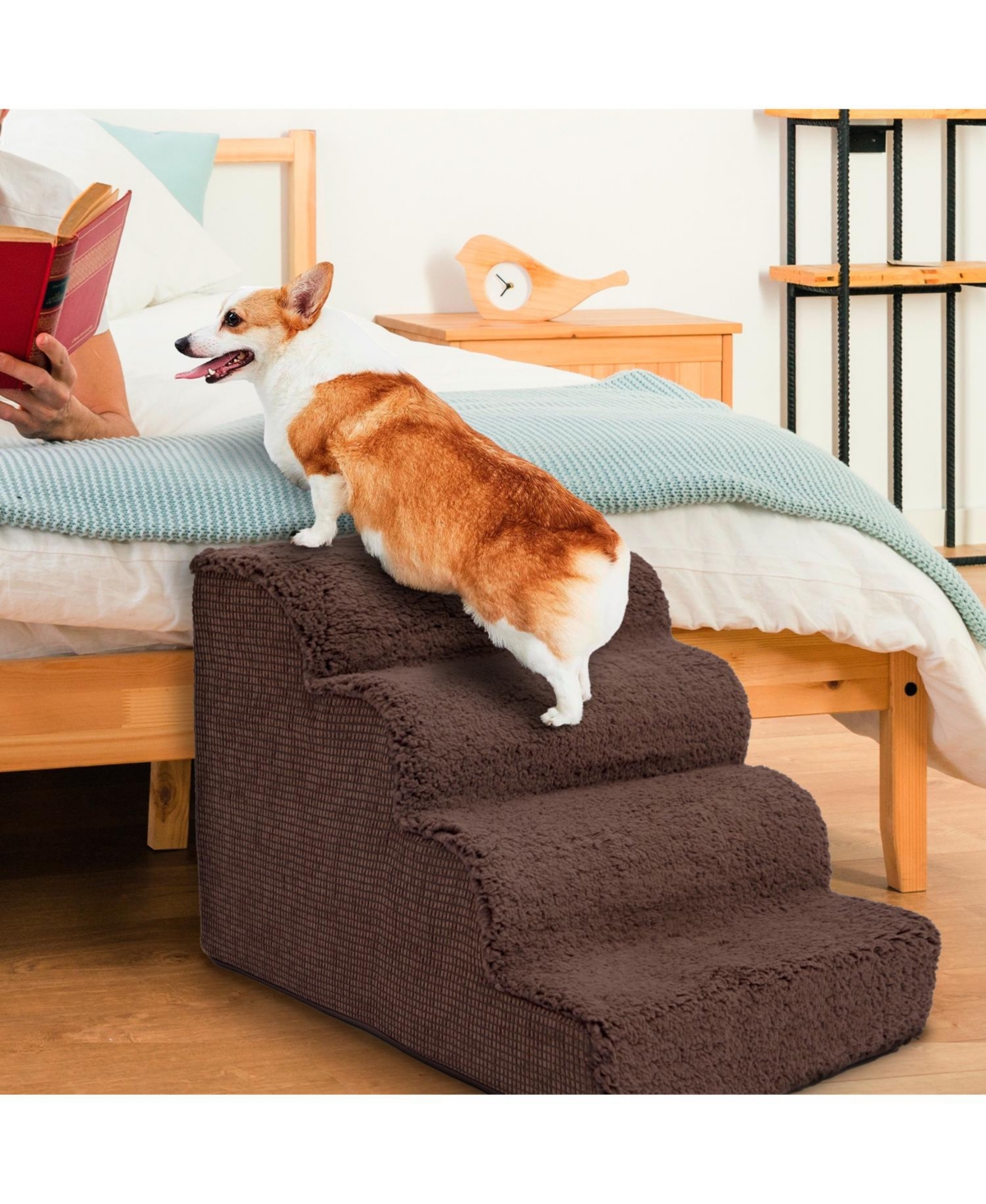 Home Base 4-Step Dog Stairs for High Bed, Dog Steps for Couch, Pet Stair for Cats and Dogs, Non-Slip Ramp, High Density Foam, Scalloped Sherpa Top - B