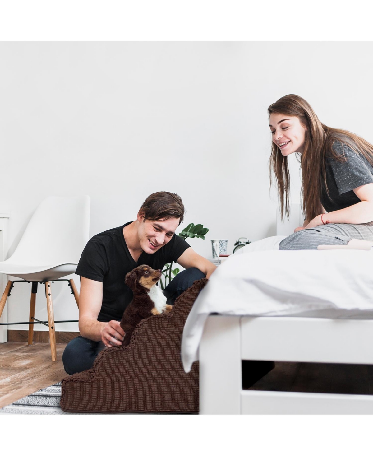 Home Base 4-Step Dog Stairs for High Bed, Dog Steps for Couch, Pet Stair for Cats and Dogs, Non-Slip Ramp, High Density Foam, Scalloped Sherpa Top - B