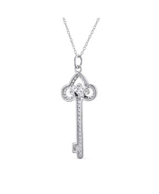 Pave Cubic Zirconia CZ Fleur De Lis Key Shape Pendant Necklace .925 Sterling Silver